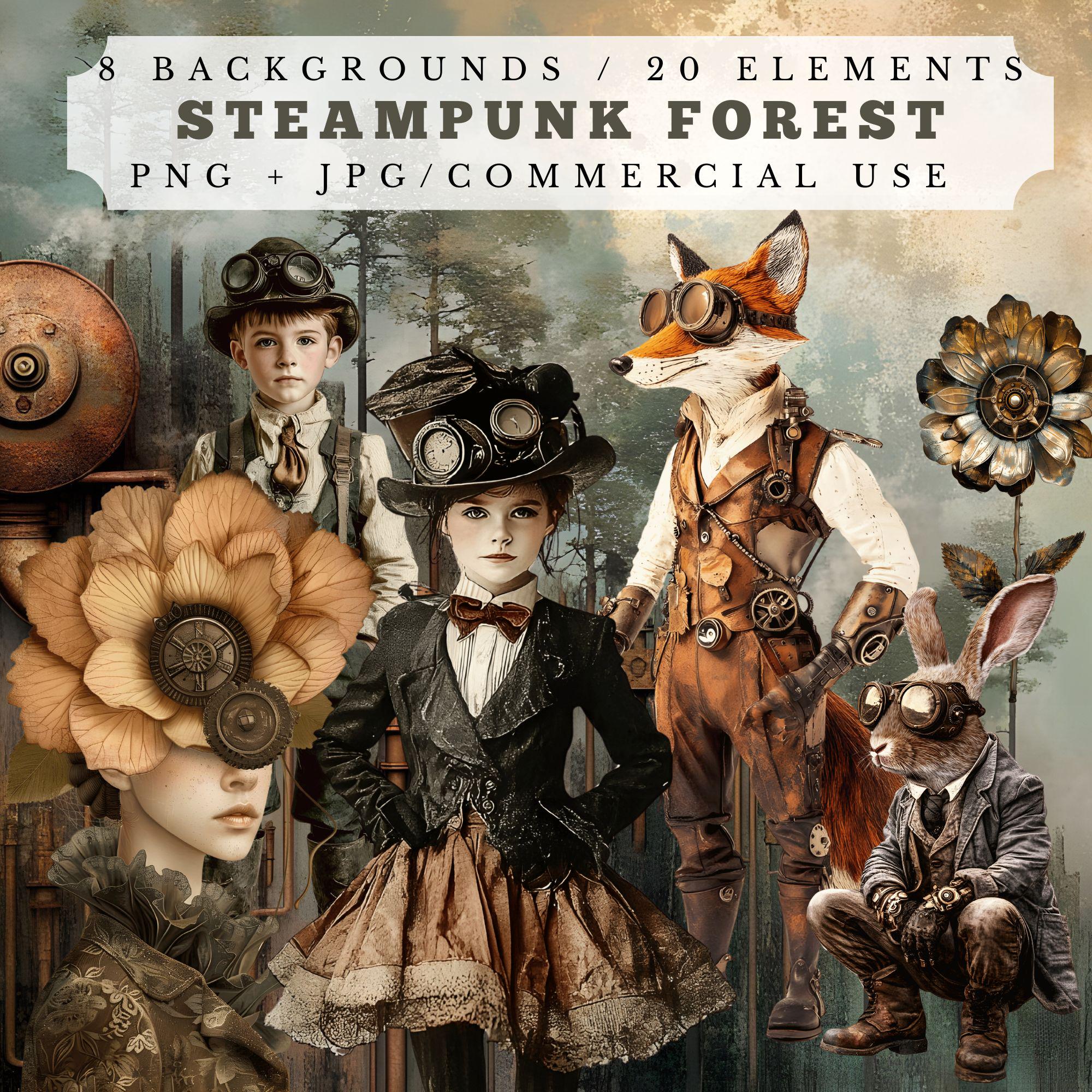 Steampunk forest, unique fantasy collage collection, digital art for junk journal, 8 backdrops, 20 png clipart elements, printable graphics