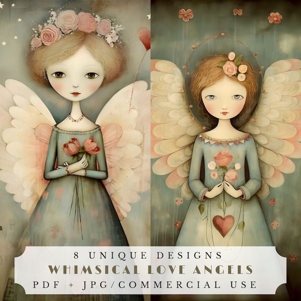 Whimsical love angels, printable pastel junk journal pages, unique Valentine ephemera for scrapbooking and card making, vday cute cupids