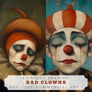 Payasos tristes, páginas únicas de diarios basura, suministros de collage de circo, efímeras imprimibles, artículos digitales de carnaval