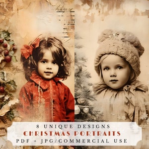 Retratos navideños en técnica mixta, páginas de diarios basura imprimibles, efímera digital para scrapbooking y fabricación de tarjetas, collage navideño vintage