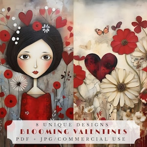 Blooming Valentines, papéis de diário lixo do Dia dos Namorados, folha de colagem de papéis digitais, coisas efêmeras imprimíveis para fazer cartões e scrapbooking
