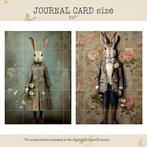 May include: Two digital illustrations of rabbits dressed in clothing. The rabbit on the left is wearing a floral patterned dress and holding a bouquet of white flowers. The rabbit on the right is wearing a suit and bow tie and holding a green plant. Both rabbits are set against a floral background. The text "JOURNAL CARD size 5x7" is at the top of the image.