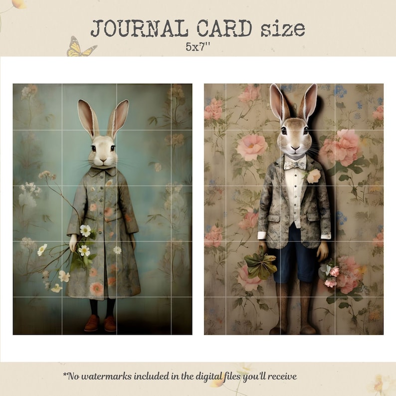 May include: Two digital illustrations of rabbits dressed in clothing. The rabbit on the left is wearing a floral patterned dress and holding a bouquet of white flowers. The rabbit on the right is wearing a suit and bow tie and holding a green plant. Both rabbits are set against a floral background. The text "JOURNAL CARD size 5x7" is at the top of the image.