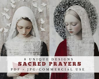May include: Two women in white veils, one holding a red book, with a background of white doves and a text overlay that reads "8 Unique Designs Sacred Prayers PDF + JPG/Commercial Use"