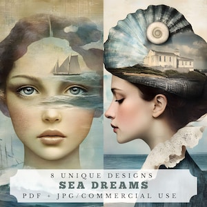 Sea Dreams, pagina's met ongewenste dagboeken, zomerse plakboeken, kaarten maken, knutselen, afdrukbare afbeeldingen aan de kust, atc-kaarten, digitale download