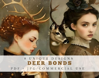 Deer bonds, surreal junk journal cards, printable forest ephemera for scrapbooking, woodland animal digital collage sheet