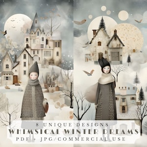 Whimsical winter dreams, printable junk journal papers, scrabooking supplies, card making, christmas ephemera, snow scenes