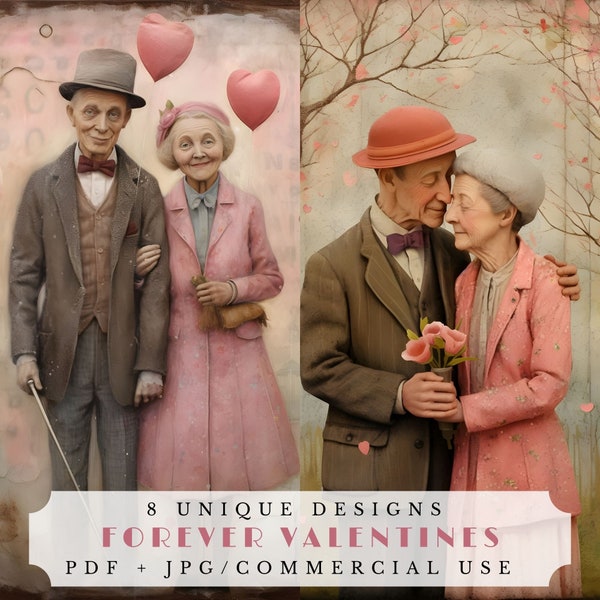 Forever Valentines, unique Valentine junk journal papers, elderly people portraits, digital ephemera for scrapbooking and card making