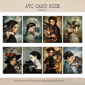 May include: A set of six digital art prints featuring a woman with a wolf. Each print is 2.5 inches by 3.5 inches. The prints are in a vintage style with a dark background and muted colors.