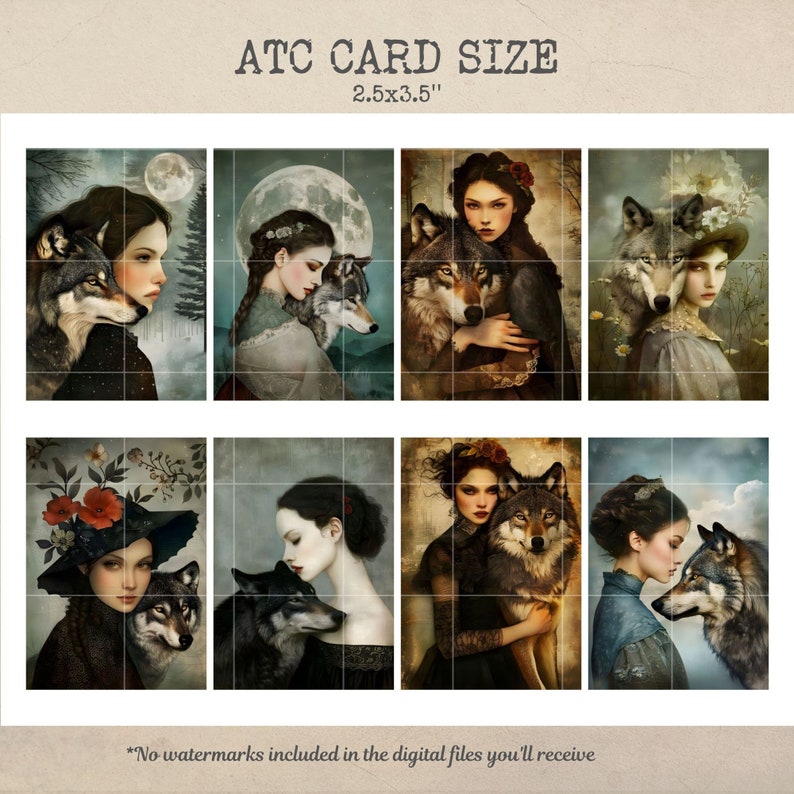 May include: A set of six digital art prints featuring a woman with a wolf. Each print is 2.5 inches by 3.5 inches. The prints are in a vintage style with a dark background and muted colors.