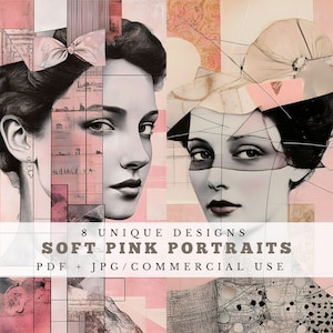 Soft pink portraits, printable collage supplies, dreamy junk journal pages, scrapbook paper kit, decorative papers, digital ephemera