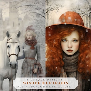 Ritratti invernali, carte del diario spazzatura, carte stampabili per le vacanze innevate per scrapbooking, artigianato e creazione di carte, effimeri invernali