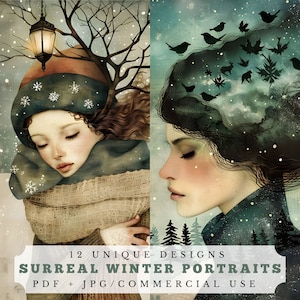 Portraits d'hiver surréalistes, kit de journal indésirable unique, papiers imprimables pour le scrapbooking et la fabrication de cartes, objets éphémères originaux de Noël enneigés