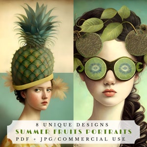 Portraits surréalistes - Cartes ATC de fruits d'été | cartes de journalisation vintage | Imprimable Scrapbooking Éphémères | Feuille de collage de fruits | Numérique