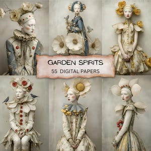 May include: A collage of six figures in elaborate floral costumes. The figures have pale skin and are adorned with flower-shaped headpieces and dresses. The text "GARDEN SPIRITS 55 DIGITAL PAPERS" is displayed on a banner.