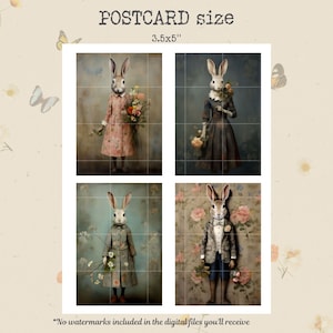 May include: Four digital illustrations of rabbits in different outfits and poses, each holding a bouquet of flowers. The illustrations are in a vintage style and have a whimsical feel. The images are 3.5 inches by 5 inches.