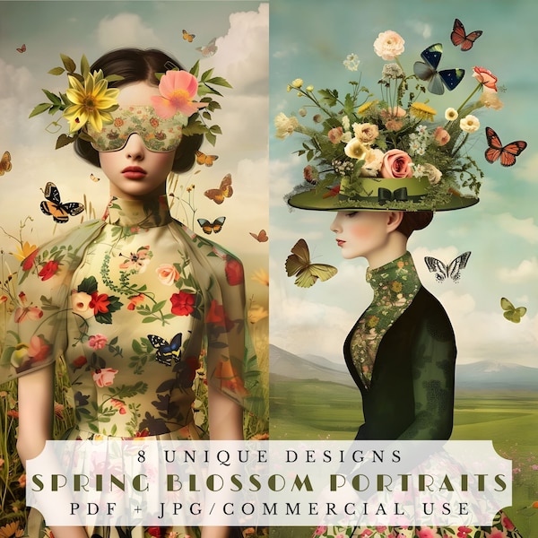 Retratos de flores de primavera, páginas de diarios basura florales, efímera digital para scrapbooking y fabricación de tarjetas, tarjetas atc de primavera surrealistas