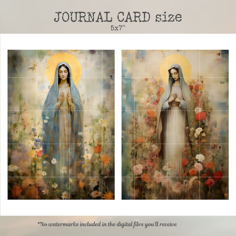 May include: A digital printable image of a religious painting featuring a woman in a blue robe standing in a garden with flowers. The image is 5x7 inches and is suitable for printing on card stock.