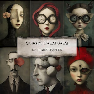 May include: A digital art print showcasing six surreal portraits of figures with peculiar accessories. The text "Quirky Creatures" and "62 Digital Papers" is on a torn paper banner. The portraits have a muted colour palette.
