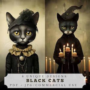 Chats noirs, pages imprimables de journal indésirable pour Halloween, éphémères effrayants pour le scrapbooking et la fabrication de cartes, cartes atc effrayantes
