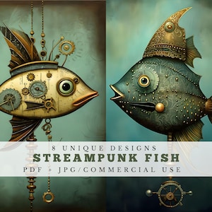 Steampunkvis, unieke junk-dagboekpapieren, eigenzinnige viscollagevellen, afdrukbare oceanische plakboekbenodigdheden, kaarten maken, digitale download