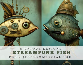 Steampunk Fish Collage Sheets, Quirky Junk Journal Ephemera (Digital Download)