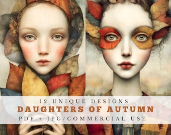 May include: Two digital art portraits of women with pale skin and autumn-themed adornments. One wears a head covering and collar of leaves, the other has leaves over her eyes. The text reads "12 Unique Designs Daughters of Autumn PDF + JPG/Commercial Use."