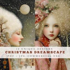 May include: Digital art featuring two angelic figures with rosy cheeks and snowy backgrounds. The text reads "12 Unique Designs Christmas Dreamscape PDF + JPG/Commercial Use."