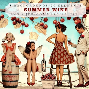 May include: A digital illustration of three people enjoying wine in a summer setting. A woman in a red dress sits on a barrel, another woman in a floral dress stands on a ladder, and a man in a white suit holds a glass of wine. The background features a cherry tree with red cherries and green leaves.