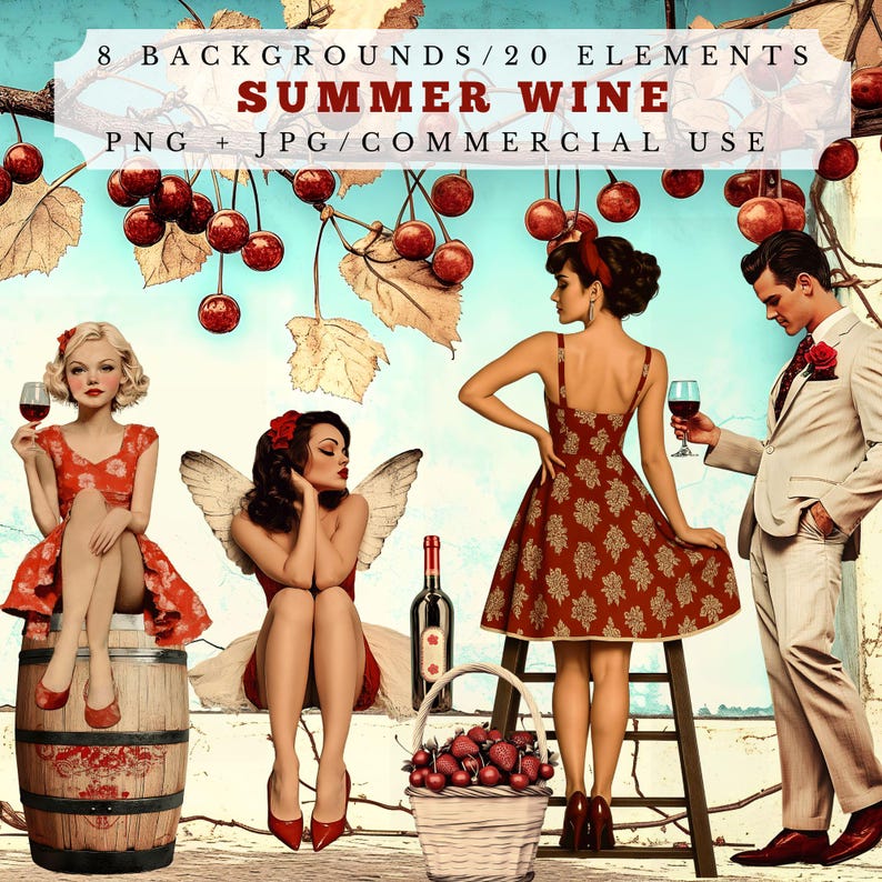 May include: A digital illustration of three people enjoying wine in a summer setting. A woman in a red dress sits on a barrel, another woman in a floral dress stands on a ladder, and a man in a white suit holds a glass of wine. The background features a cherry tree with red cherries and green leaves.