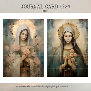 May include: Two digital art prints of a woman in a blue robe with a halo, holding roses. The prints are 5x7 inches and are ideal for a religious or spiritual setting.