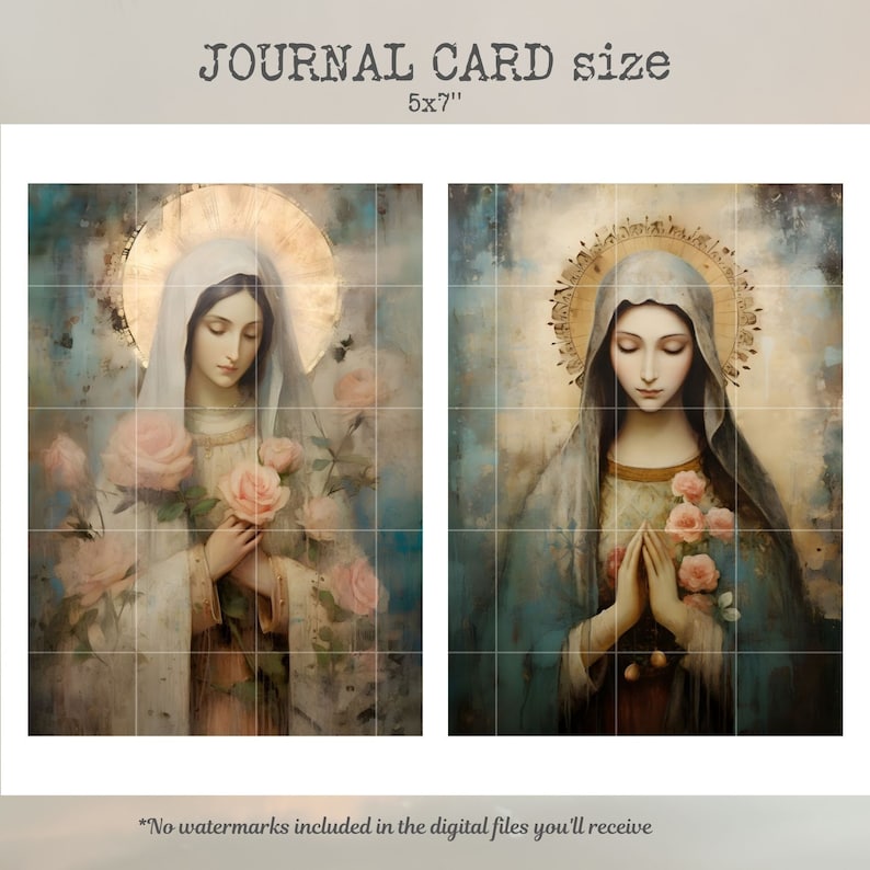 May include: Two digital art prints of a woman in a blue robe with a halo, holding roses. The prints are 5x7 inches and are ideal for a religious or spiritual setting.