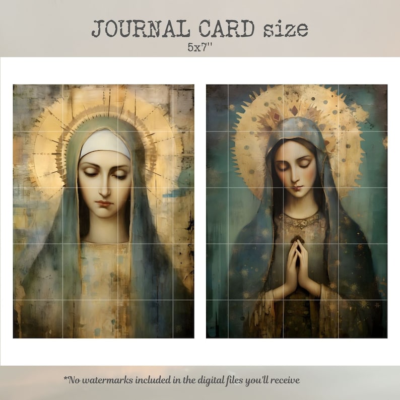 May include: Two digital art prints of a woman with a halo, one with her eyes closed and the other with her hands clasped in prayer. The prints are 5x7 inches and have a vintage, faded look.