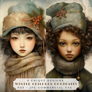 冬の子供の肖像画、クリスマスのジャンクジャーナルカード、多様なデジタルペーパー、ジャンクジャーナルとスクラップブッキング用品、印刷可能なエフェメラ