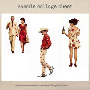 May include: A collage sheet with three images of people. The first image shows a couple in vintage clothing, the man is wearing a white suit and the woman is wearing a red dress. The second image shows a man wearing a red shirt and cowboy hat, and the third image shows a woman wearing a white dress with red floral patterns.