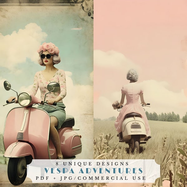 Vespa adventures journaling cards, vintage printable ephemera for junk journaling, scrapbooking and card making, travel digital papers