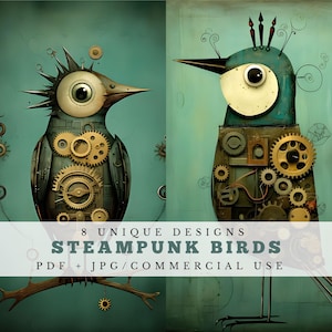 Pássaros steampunk, papéis de diário exclusivos, folhas de colagem de pássaros peculiares, suprimentos para scrapbook para impressão, criação de cartões, download digital