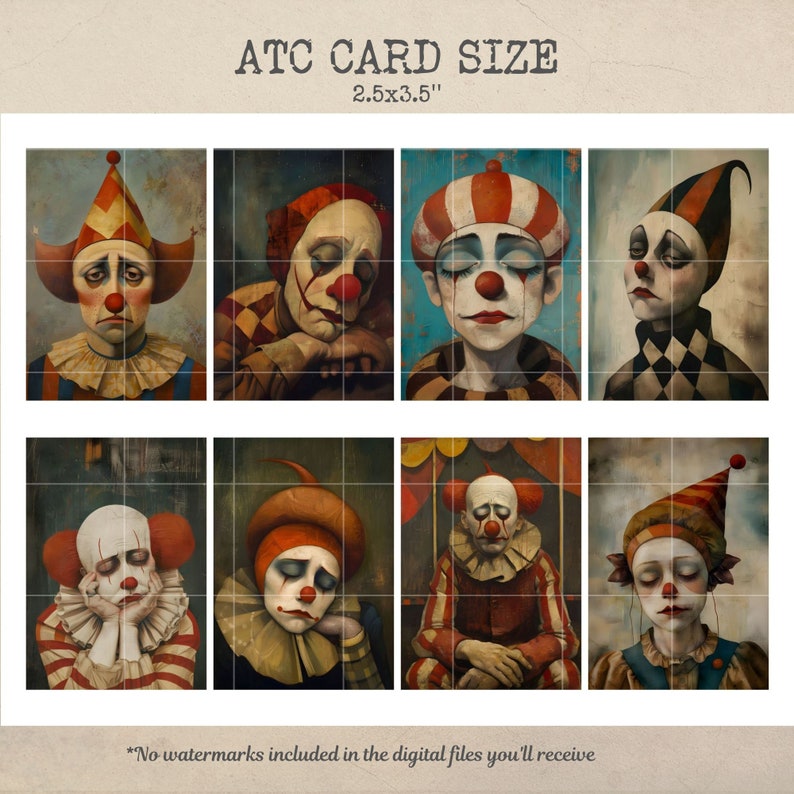 May include: A set of eight digital art prints featuring sad clowns in various poses. The prints are designed for use as ATC cards, which are 2.5 x 3.5 inches.