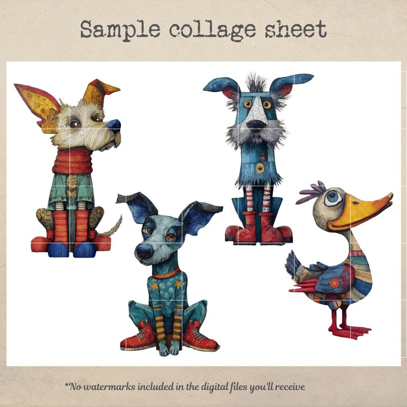 May include: A digital collage sheet featuring whimsical illustrations of anthropomorphic animals. The sheet includes a dog with large ears, a blue dog, a tall dog-like figure, and a duck. The text "Sample collage sheet" is at the top.