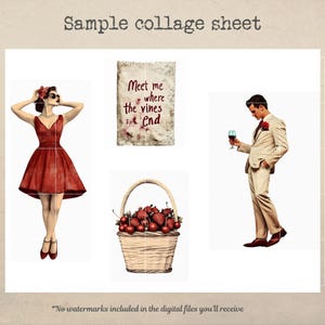 May include: A collage sheet with four images. The top left image is a woman in a red dress. The top right image is a piece of paper with the text "Meet me where the vines end". The bottom left image is a basket full of red strawberries. The bottom right image is a man in a white suit holding a glass of red wine.
