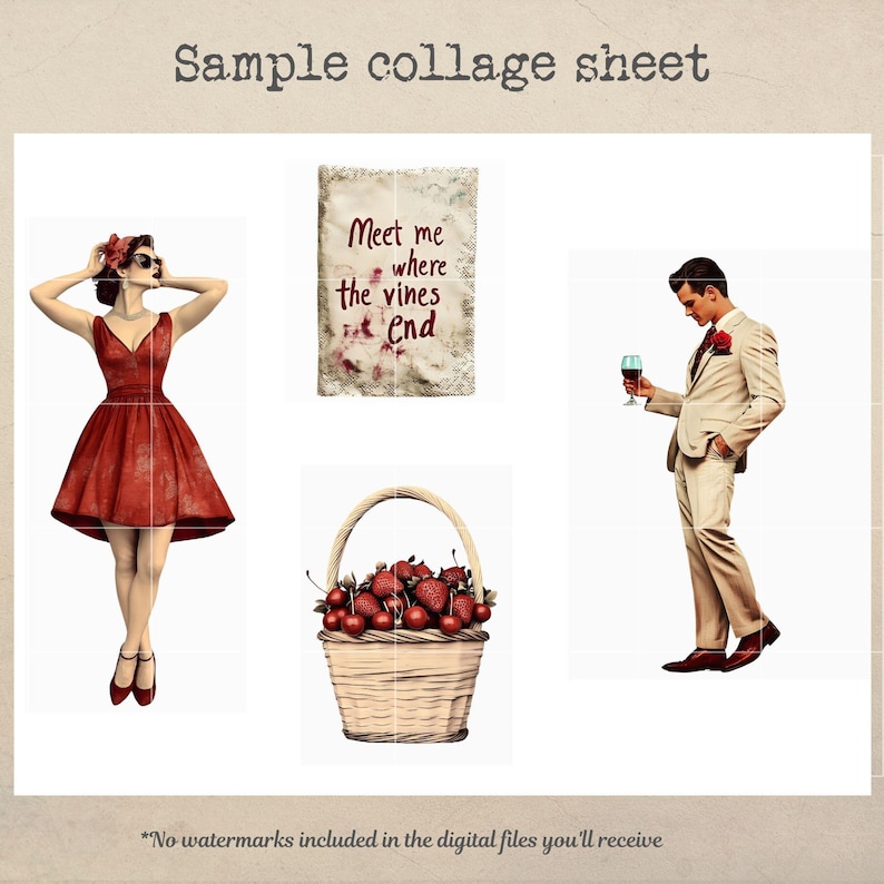 May include: A collage sheet with four images. The top left image is a woman in a red dress. The top right image is a piece of paper with the text "Meet me where the vines end". The bottom left image is a basket full of red strawberries. The bottom right image is a man in a white suit holding a glass of red wine.