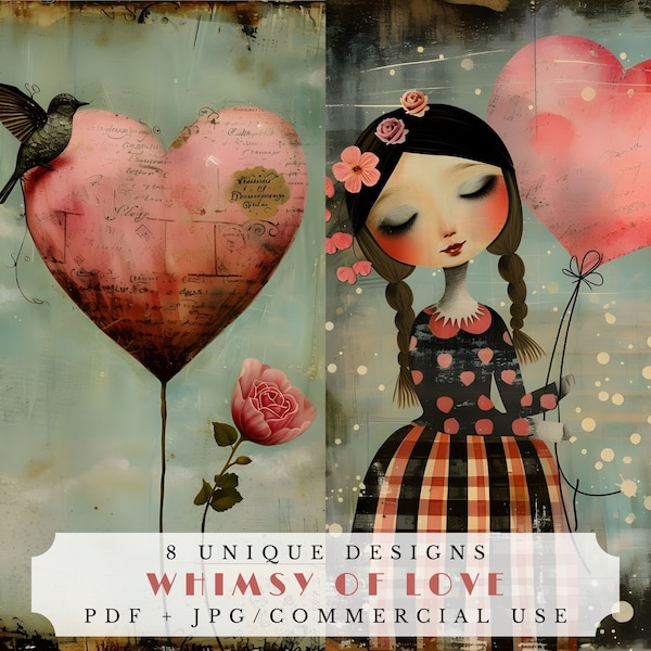 Whimsy of love, Valentine's day junk journal papers, digital papers collage sheet, printable ephemera for card making and scrapbooking