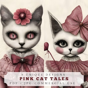 Contes de chats roses, pages de journal indésirables décalées, éphémères numériques pour le scrapbooking et la fabrication de cartes, fournitures de collage félin