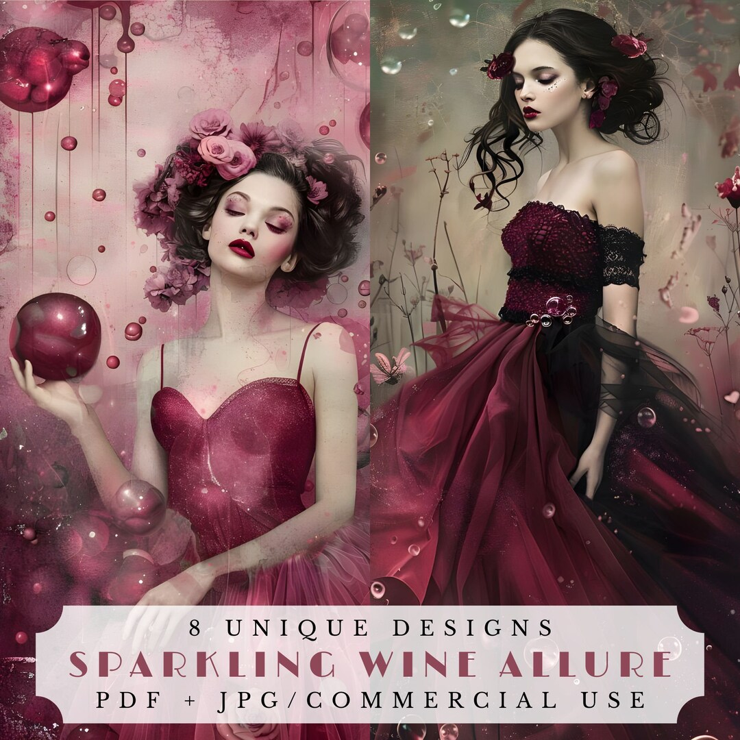 Sparkling Wine Allure, Surreal Junk Journal Pages, Printable Ephemera 
