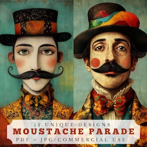 Moustache Parade, wunderliche Junk Journal Papiere, surreale digitale Collage und Karten-Herstellung Zubehör, eigensinnige Scrapbook Ephemera