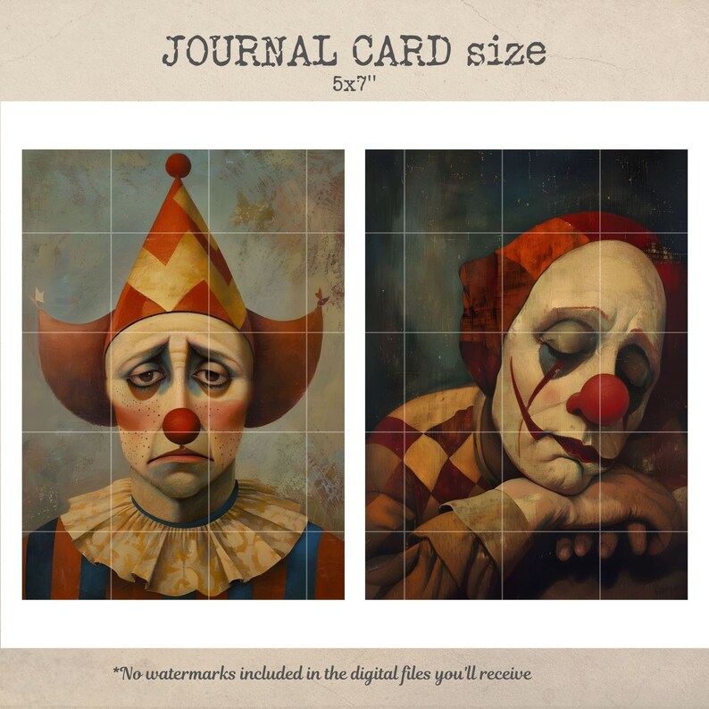 May include: Two digital illustrations of a sad clown with a red nose and a red, yellow, and white hat. The clown on the left is looking down with a sad expression. The clown on the right is lying down with its eyes closed. Both clowns are wearing a red, yellow, and white checkered costume. The illustrations are 5x7 inches.