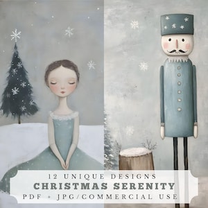 Kerstsereniteit, grillige winterjournaalpagina's, unieke afdrukbare kunst voor scrapbooking en kaarten maken, vredige efemere kerstdagen