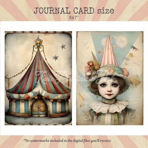 Puede incluir: Dos tarjetas de diario imprimibles, cada una mide 12,7x17,8 cm. La primera tarjeta presenta una ilustraci&oacute;n de estilo vintage de una carpa de circo con rayas rojas y azules. La segunda tarjeta presenta una ilustraci&oacute;n de estilo vintage de una ni&ntilde;a que lleva un gran sombrero a rayas con un patr&oacute;n rojo y blanco.