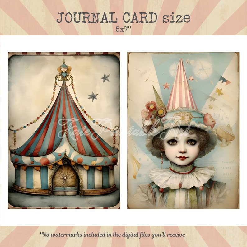 Puede incluir: Dos tarjetas de diario imprimibles, cada una mide 12,7x17,8 cm. La primera tarjeta presenta una ilustraci&oacute;n de estilo vintage de una carpa de circo con rayas rojas y azules. La segunda tarjeta presenta una ilustraci&oacute;n de estilo vintage de una ni&ntilde;a que lleva un gran sombrero a rayas con un patr&oacute;n rojo y blanco.