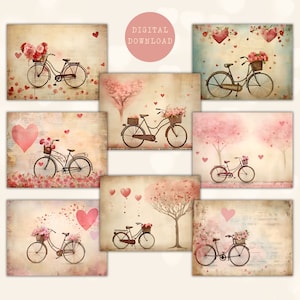 Bicicleta romántica ATC / Papeles de diario de acuarela / Efímera imprimible de corazones rosados / Suministros de álbum de recortes de diario basura / Descarga instantánea